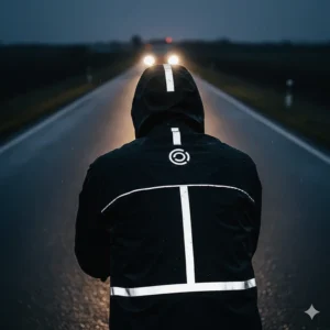 Close-up of reflective strips and logos on a packable cycling jacket for low-light visibility.