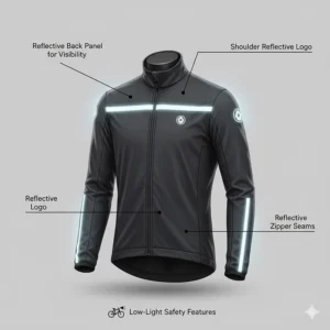 Illustration highlighting reflective strips on a windproof cycling jacket for low-light visibility.