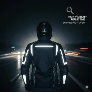 High-visibility reflective piping on an armored motorcycle jacket for enhanced night riding safety.