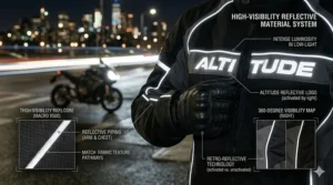 Illustration highlighting high-visibility reflective piping and panels on a textile jacket for nighttime riding safety.
