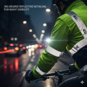 Close-up of 360-degree reflective detailing on a high visibility rain cycling jacket for night safety.