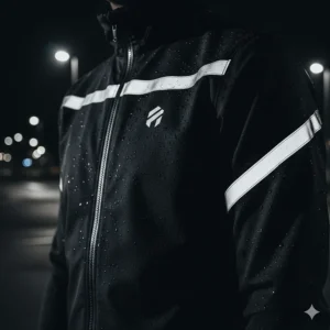 High-visibility reflective logos and piping on a black waterproof cycling jacket for night riding safety.