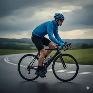 Side view illustration of a slim-fit packable rain jacket designed for road cycling aerodynamics.