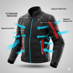 Blue arrows indicating airflow through the zippered intake vents and exhaust ports of an armored sport bike jacket.