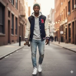A casual streetwear outfit featuring a vintage-style varsity baseball jacket paired with denim jeans and sneakers.