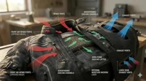 Illustration of intake and exhaust ventilation zippers on a textile motorcycle jacket for summer riding airflow.