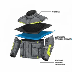 Exploded view of a 3-layer touring armored motorcycle jacket including the outer shell, waterproof membrane, and thermal liner.