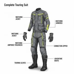 A complete touring gear set featuring a matching armored jacket and trousers for long-distance adventure riding.