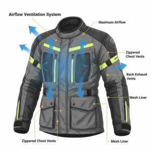 Close-up illustration of zippered chest and back vents for maximum airflow in a touring armored motorcycle jacket.