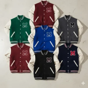 A flat lay display of varsity baseball jackets in various colors including forest green, maroon, and royal blue.