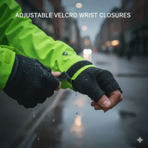 Close-up of adjustable velcro cuffs designed to keep rain out of cycling jacket sleeves.