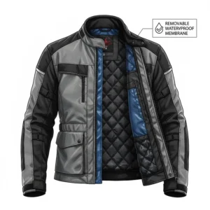 A multi-layer armored motorcycle jacket featuring a removable waterproof thermal liner.