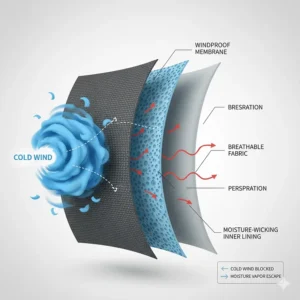 Diagram showing how a windproof cycling jacket deflects cold air while maintaining breathability.