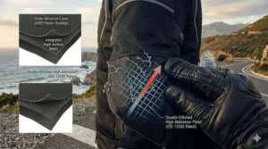 Detailed view of high-denier textile panels used on impact zones of a mesh armored jacket.