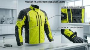 Detail of adjustable Velcro cuffs and waist straps on a waterproof over jacket to ensure a snug fit over armor.