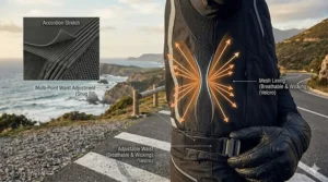 Graphic of waist and arm adjustment straps on a mesh motorcycle jacket for a secure armored fit.