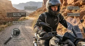 Illustration of adjustable cinch straps on a summer motorcycle jacket for a secure, aerodynamic fit.