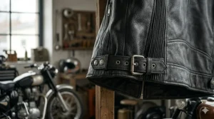 Side view showing adjustable waist buckles for a tailored fit on a women's leather riding jacket.