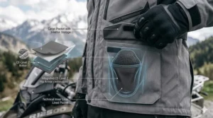 Highlight of large waterproof cargo pockets on an adventure textile jacket for long-distance touring.