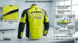 Illustration of rear exhaust vents that allow moisture to escape the waterproof motorcycle over jacket without letting rain in.