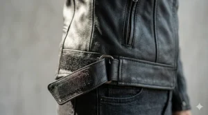 Close-up of adjustable waist velcro straps on a petite motorcycle jacket, illustrating how to tighten the armored fit.