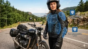 4K photorealistic technical diagram overlay showing CE Level 2 armor placement—shoulders, elbows, and back—within a women's motorcycle jacket.