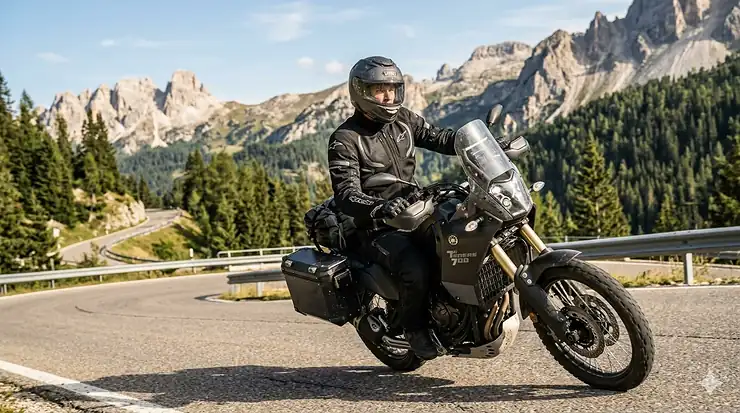 A motorcyclist wearing a premium hot weather riding jacket with visible mesh panels during a summer highway ride.