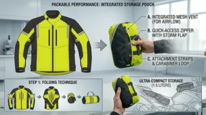 Illustration of a waterproof motorcycle over jacket folded into its compact storage pouch for easy transport.