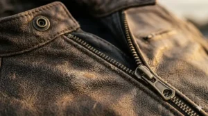 Close-up texture of top-grain distressed leather used in premium mens retro motorcycle jackets.