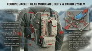 Detailed cross-section showing the spine protector and reinforced zones of a textile motorcycle jacket.