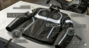 Illustration highlighting reflective safety strips on a black hot weather riding jacket for night visibility.