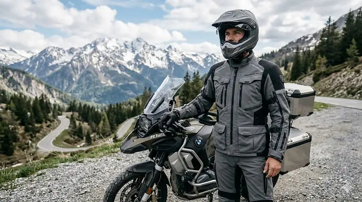 A premium gray adventure textile jacket for motorcyclists featuring reinforced padding and multiple ventilation zippers.