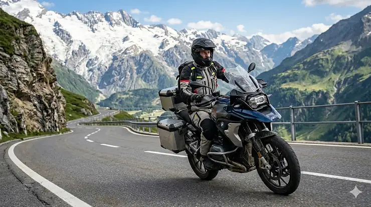 A motorcyclist wearing a gray adventure touring textile jacket while riding on a mountain road.