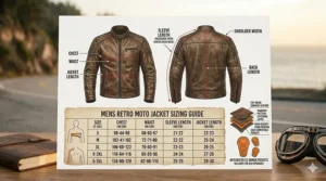 Size guide illustration for mens retro motorcycle jackets showing chest and sleeve measurement points.