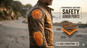 Illustration showing CE-level armor inserts in the shoulders and elbows of a mens retro motorcycle jacket.