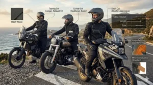 Comparison of different cuts for armored mesh jackets, including sport, touring, and cruiser styles.