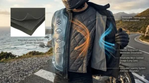 Illustration of a removable waterproof thermal liner inside a summer mesh motorcycle jacket.