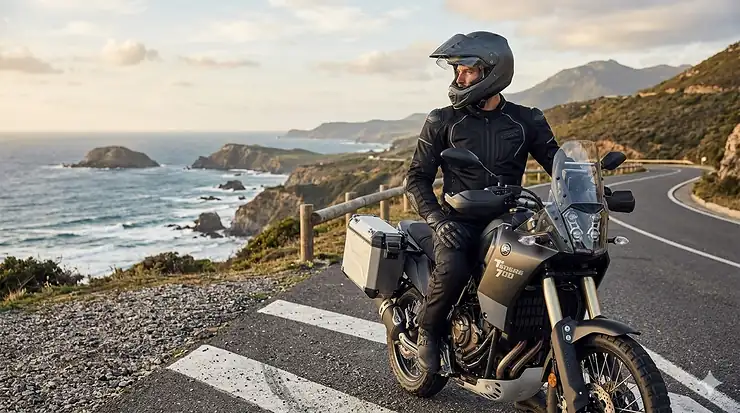 A rider wearing a black mesh motorcycle jacket with visible CE-rated armor on shoulders and elbows during a summer ride.