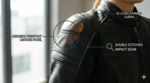 A photorealistic diagram highlighting the critical abrasion-resistant, double-stitched impact zones on an armored motorcycle jacket designed for petite women.