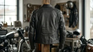 Rear view of a women's leather jacket showing the reinforced back protector compartment.