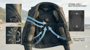 The interior back panel of a perforated leather jacket showing the pocket for an optional Level 2 back protector.