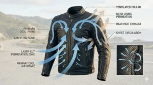 Diagram showing how air flows through a perforated leather motorcycle jacket to keep riders cool in summer.