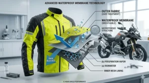 Diagram showing the breathable and waterproof membrane technology used in a motorcycle over jacket.