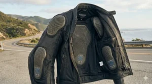 Internal view of a perforated leather motorcycle jacket featuring removable CE-rated shoulder and elbow armor.