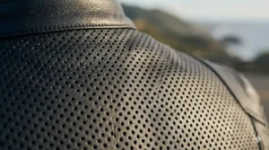 Close-up view of the laser-cut perforation pattern on a leather motorcycle jacket for maximum airflow.