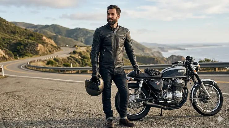 A man wearing a black perforated leather motorcycle jacket standing next to a cafe racer bike.