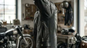Close-up of perforated leather panels for ventilation on a women's armored riding jacket.