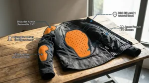 A technical illustration showing the internal placement of shoulder, elbow, and back armor within a petite-sized motorcycle jacket.