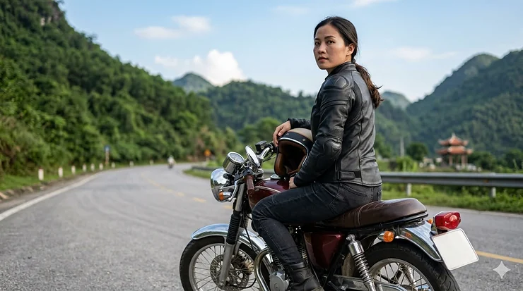 A woman rider wearing a well-fitted petite motorcycle jacket with CE-rated armor, sitting on a vintage café racer on a scenic mountain road. petite motorcycle jacket armored