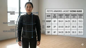 A photorealistic diagram highlighting key measurement areas on a woman for a petite motorcycle jacket, including a detailed size chart.
